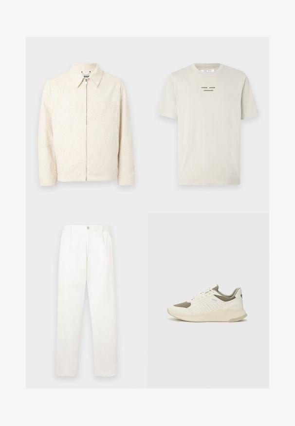 Beige výšivková bunda s límečkem, zipovým zapínáním a texturovanými květinovými vzory. Vyrobená z hladkého materiálu, má dlouhé rukávy a přiléhavý střih.; Svetle béžové bavlněné tričko s krátkým rukávem, kulatým výstřihem a černým potiskem "SAMSE SAMSØ COPENHAGEN" umístěným na hrudi.; Bílé kalhoty vyrobené z hladké tkaniny, s rovnými nohavicemi, předními sklady a jedním knoflíkem na zavírání v pase.; Bílé a světle béžové atletické tenisky, které mají síťovaný svršek, perforované detaily a texturovanou mezipodešev s logem na patě.