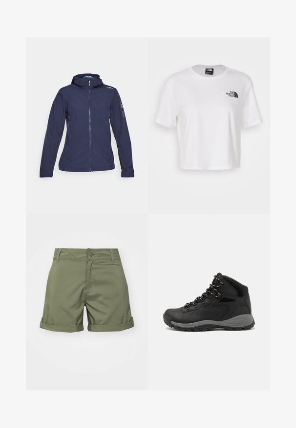 CMP ZIP HOOD - Veste softshell - blue skylight; T-shirt blanc court en coton avec un col rond et des manches courtes. Présente un logo noir sur le côté gauche de la poitrine.; Shorts vert olive en tissu léger, dotés d'une fermeture à bouton, d'un ourlet retroussé et de poches avant et arrière. Texture lisse.; Botte de randonnée noire au design mi-haut, avec un dessus texturé, des accents gris et une semelle en caoutchouc durable avec des crampons de traction.