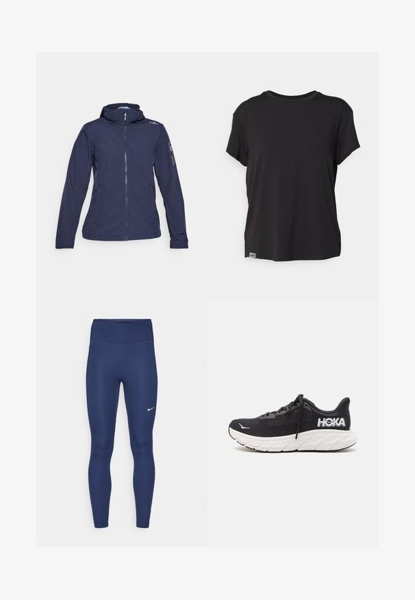 CMP ZIP HOOD - Soft shell jacket - blue skylight; Black short-sleeve t-shirt made from soft fabric, featuring a rounded neckline and a small logo tag at the bottom left hem.; Navy leggings with a high waistband, made of stretchy fabric. Features subtle stitching and a small white Nike logo on the left thigh.; Black running shoe with a mesh upper, white midsole, and textured black outsole. Features logo on the side and flat laces.