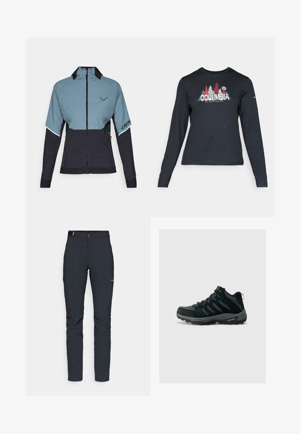 Dynafit ALPINE HYBRID JACKET - Āra jaka - atlantic; Tumšs pelēks krekls ar garām piedurknēm, ar grafiku, kurā attēloti sarkani koki un kalni; "COLUMBIA" logo treknā baltā tekstā. Mīksta auduma, standarta apaļa kakla izgriezums.; Vīriešu āra bikses, tumši pelēkā krāsā, izgatavotas no elastīga materiāla, ar jostu, kabatām ar rāvējslēdzēju un pastiprinātām šuvēm.; Columbia REDMOND - Pārgājienu apavi - black/citron haze