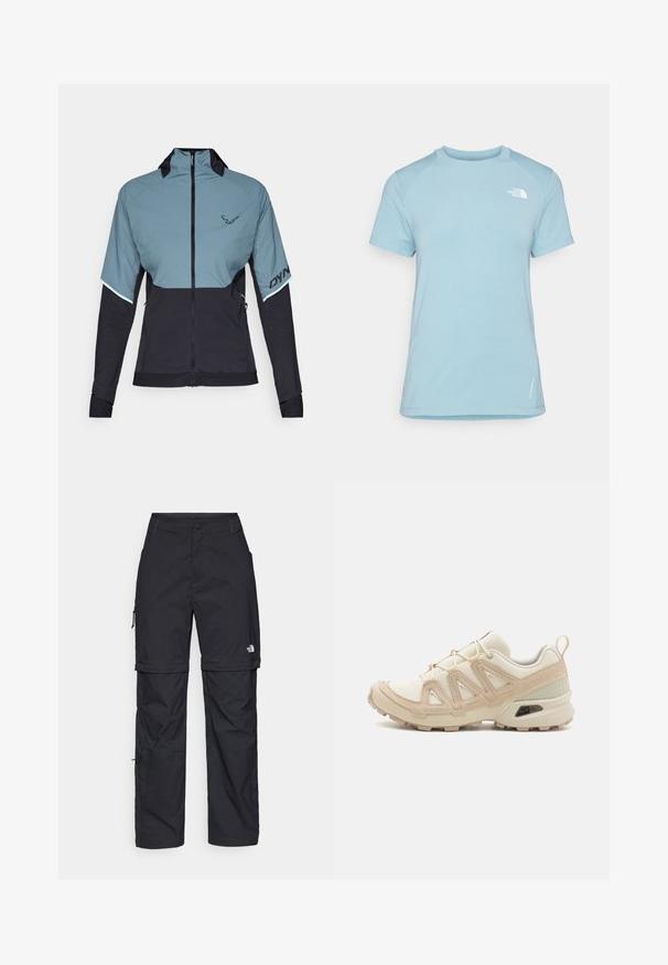 Dynafit ALPINE HYBRID JACKET - Outdoorjacke - atlantic; Himmelblaues Kurzarm-T-Shirt mit Rundhalsausschnitt. Aus weichem Material, mit Raglanärmeln und einem weißen Logo auf der oberen linken Brust.; Schwarze Nylon-Zip-Off-Cargohosen mit verstellbaren Bündchen, mehreren Taschen und einem Logo am rechten Bein. Glatte, leichte Textur.; Beige und cremefarbenen Sportschuh mit strukturiertem Mesh-Obermaterial, unterstützenden Überzügen und Gummisohle mit einem Profilmuster für Bodenhaftung.