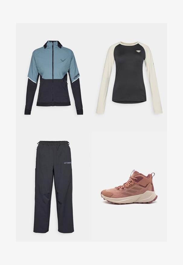 Dynafit ALPINE HYBRID JACKET - Blouson - atlantic; Chemise à manches longues avec un corps noir et des manches crème, arborant un logo sur la poitrine et un accent subtil sur une des manches. Texture de tissu lisse.; Pantalons d'extérieur noirs, légers, avec une taille élastique, des poches latérales et un logo sur la jambe droite supérieure. Tissu lisse et résistant à l'eau.; Chaussures de randonnée en rose et bordeaux avec un dessus texturé, des accents contrastants, une semelle matelassée et un motif de semelle robuste pour une meilleure adhérence.