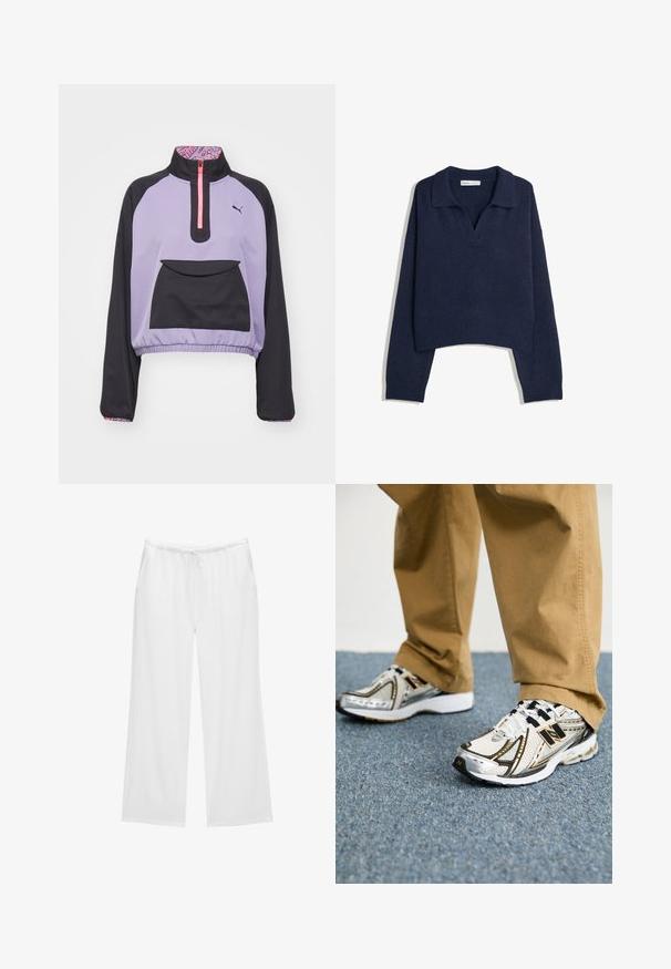 Puma HYPERNATURAL 1/2 ZIP - Outdoorová bunda - pale plum; Námořnická modrá pletená dlouhá svetr s ribovanými lemy a manžetami a otevřeným límcem.; Bílé kalhoty s širokými nohavicemi vyrobené z měkké tkaniny, které mají elastický pas se šňůrkou a dvě boční kapsy. Jednoduchý a čistý design.; Bílé a stříbrné tenisky New Balance s černými akcenty a tkaničkami, s prodyšným svrškem, polstrovanou podrážkou a dynamickým designem.