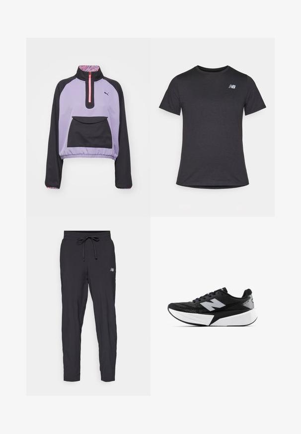 Puma HYPERNATURAL 1/2 ZIP - Outdoorjacka - pale plum; Svart t-shirt med kort ärm, tillverkad av mjukt tyg, med en liten grå New Balance-logotyp på övre vänstra bröstet, klassisk rundhalsdesign.; Svarta träningsbyxor i lätt material med elastisk midja och justerbart snöre. Har en liten logotyp på sidan.; Svartvit New Balance löparsko med tjock sula, meshtopp och "N"-logotyp på sidan, sedd från utsidan.