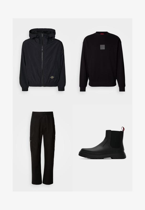 Black lightweight jacket with a hood, zip closure, elastic cuffs, and hem. Features a small logo in gold on the front right side.; Black sweatshirt with long sleeves, round neckline, a front gray square logo, soft texture, and ribbed cuffs and hem.; Black cargo pants made of cotton with a relaxed fit, featuring side pockets, a button closure, and straight legs. Simple design without patterns.; Black ankle boot with a smooth finish, elastic side panels, and a contrasting red pull tab, featuring a thick rubber sole and rounded toe.