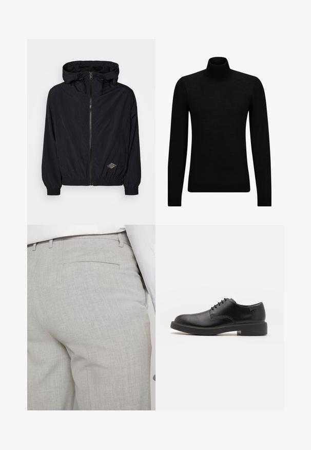 Črna lahka jakna s kapuco, zadrgo, elastičnimi manšetami in robom. Ima majhen zlat logotip na sprednji desni strani.; Črna turtleneck pulover iz mehkega materiala, z dolgimi rokavi in tesnim prileganjem. R ibana obroba na robu in rokavih. Preprosta zasnova.; Svetlo siva polo majica s dugim rukavima, izdelana iz mehkega materiala, z tri gumbi na zapenjanju in rebrastimi manšetami, s klasičnim dizajnom ovratnika.; Svetlo sive hlače po meri iz teksturirane tkanine, z enim zadnjim žepom in čistim šivom.; Črne usnjene čipkaste čevlje z zaobljenim nosom, gladko teksturo, minimalnim šitjem in nizkim gumijastim peto. Logo na peti.