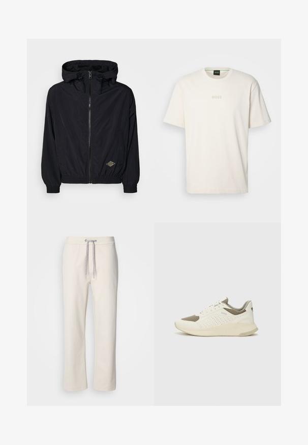 Juodas lengvas striukė su kapišonu, užtrauktuku, elastiniais rankogaliais ir apačia. Priekyje dešinėje pusėje yra mažas auksinis logotipas.; BOSS TEE - Paprasti marškinėliai - open white; Kremo spalvos laisvalaikio kelnės su raišteliu ir tiesiomis kojomis, eksponuojamos ant baltos vienodą fono.; Baltas ir šviesiai bežinis sportinis kedas, su tinklo viršumi, perforuotais detalėmis ir tekstūruotu tarpine su logotipu ant kulno.