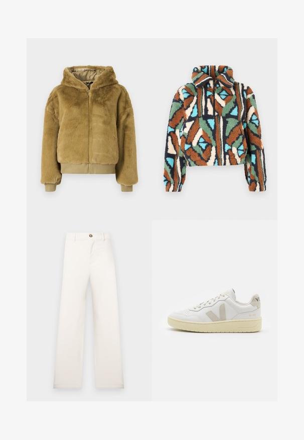 Tan faux fur bomber jacket with a zip front, hood, and elasticized cuffs and hem. Soft texture and cropped design for warmth.; Fuzzy zip-up jacket featuring a geometric pattern in shades of brown, green, blue, and cream. Collared design with elasticized cuffs.; Dark gray cotton t-shirt, oversized fit, short sleeves, round neckline, features a sun graphic and “BILLABONG” text in golden embroidery.; Wide-leg, beige trousers made of textured fabric. Features a front button closure and belt loops. Simple, clean design with no patterns.; White leather sneaker with beige suede accents, perforated toe box, flat laces, and a textured cream sole. Features subtle branding on heel.