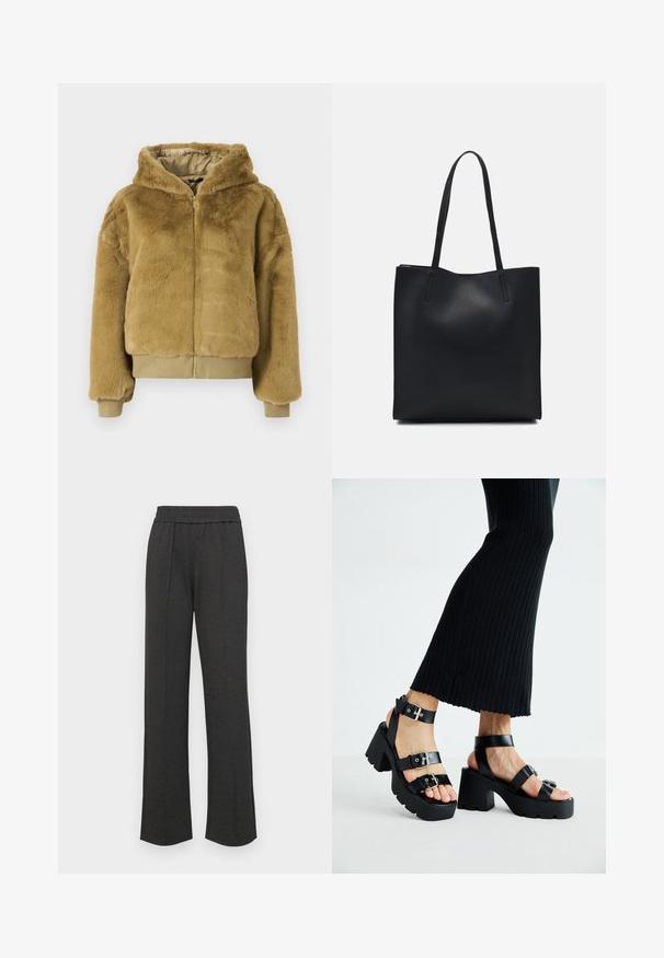 Brūna mākslīgā kažokādas bomber jaka ar rāvējslēdzēju priekšpusē, kapuci un elastīgu piedurkņu un apakšmala. Mīksta tekstūra un saīsināts dizains, lai nodrošinātu siltumu.; Melnā turtlenecka garām piedurknēm augšdaļa, izgatavota no ribotas auduma, ar pieguļošu piegriezumu, augstu kakla izgriezumu un bez rakstiem vai akcentiem.; Melni taisni bikses ar elastīgu jostu, priekšējiem krokām, mīkstu audumu un bez redzamām rakstu vai aparatūras detaļām.; Melnas platforma siksnas ar masīviem, zolei ar iegriezumiem un daudzām siksnām, kurām ir metāla sprādzes un gluda ādas līdzīga tekstūra.; Melnas ādas somiņa ar gludu tekstūru, taisnstūra formu un divām garām rokturiem. Nav redzamu aparatūras vai rotājumu.