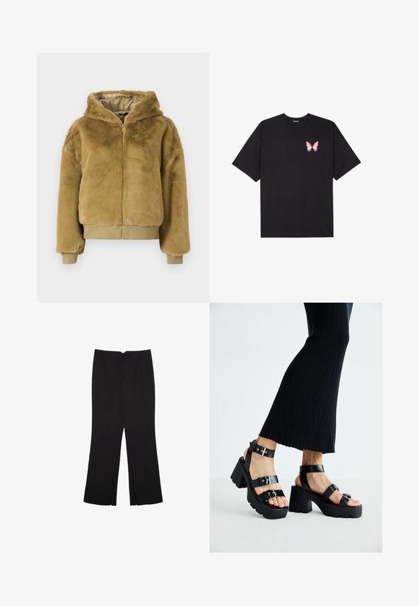 Svetlo rjava faux fur bomber jakna z zadrgo spredaj, kapuco ter elastičnimi manšeti in robom. Mehka tekstura in skrajšan dizajn za toplotno udobje.; Črna bombažna majica s kratkimi rokavi, ki ima majhen roza metuljček na levi strani prsnega dela. Majica s krožnim ovratnikom in sproščenim krojem.; Črne hlače ravnega kroja z naglavnimi žepi in stranskimi razporki na robu. Narejene iz mehke, gladke tkanine. Primerne za različne priložnosti.; Črne platforme s sandali in debelimi, zarezami ter več naramnicami, ki vključujejo kovinske zaponke in gladko teksturo, podobno usnju.