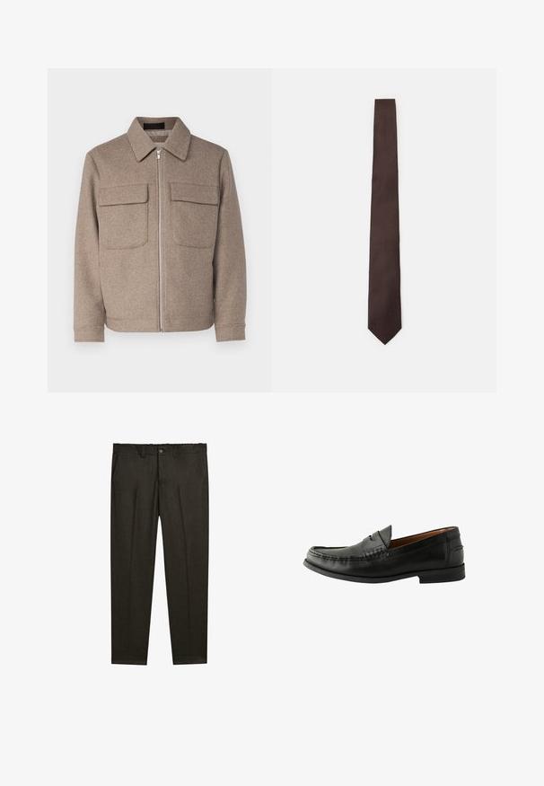 Giacca di lana marrone con colletto classico, zip frontale e due tasche sul petto. Presenta un tessuto texturizzato e una silhouette aderente.; Camicia a maniche lunghe rosa chiaro con righe verticali bianche, chiusura con bottoni sul davanti, colletto classico e polsini con un dettaglio a singolo bottone.; Pantaloni su misura marrone scuro con pince frontali, passanti per cintura, tasche laterali e chiusura con bottone in vita.; Mocassini in pelle nera con finitura liscia, punta arrotondata, dettagli cuciti a mano e suola bassa in gomma. Design classico e versatile.; Cravatta marrone con un motivo testurizzato, design elegante e punta affilata. Realizzata in tessuto, presenta una finitura liscia e un delicato lucido.