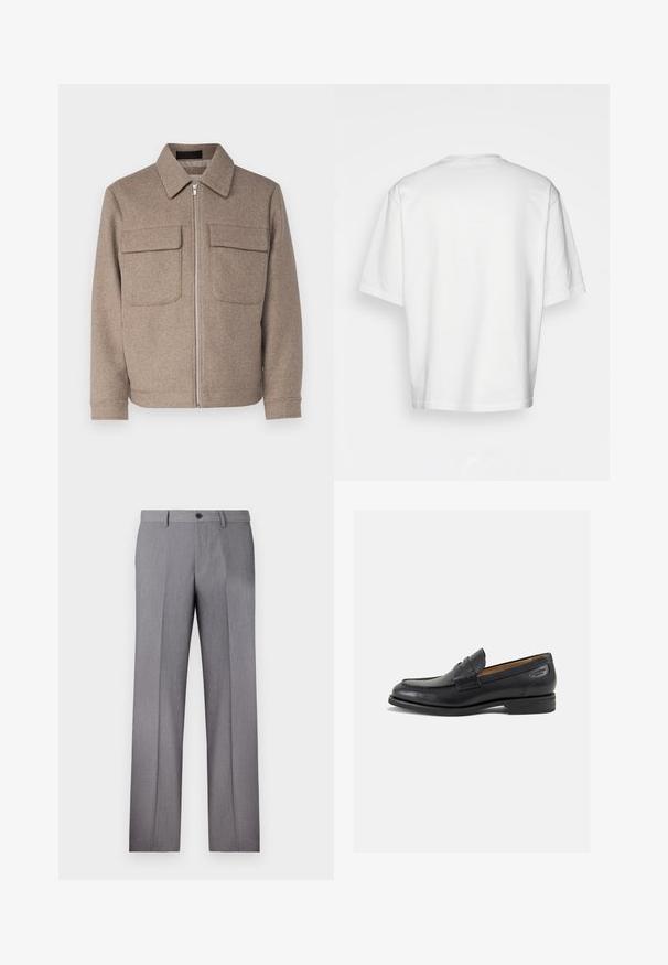 Pruun villane jakk klassikalise kraega, ees lukuga ja kahe rinnataskuga. Omab tekstureeritud kangast ja sulekuju.; Valge lühikeste varrukatega T-särk, lõdva lõikega, ümar kaelus, sileda puuvillase kangaga, kaunistamata selg, sirge alläär, ilma mustrite või aktsентideta.; Hallidega hallid püksid, millel on lame eesmine osa, kaks küljetaskut ja ühesnupuline kinnitis. Sile tekstuur koos peene triibumustriga.; Mustad mustad nahast loafers, sujuva viimistlusega, ümar sirge ja dekoratiivne tikand peal. Madal ja kergelt kuhjatud konts ning kerge läige.