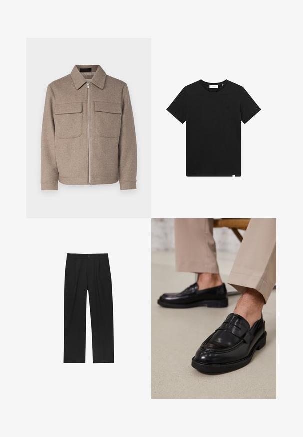 Ruskea villatakki, jossa on klassinen kaulus, etuvetoketju ja kaksi rintataskua. Takissa on teksturoitu kangas ja hyvin istuva siluetti.; Lyhythihaine musta T-paita, joka on valmistettu puuvillasta. Paidassa on pyöreä pääntie ja pieni brodeerattu logo rinnassa. Sujuva rakenne, normaali istuvuus.; Mustat housut suoranlahkeisella muotoilulla, valmistettu sileästä kankaasta. Ominaisuuksiin kuuluu etupleateet ja yksi nappikiinnitys vyötäröllä.; Musta nahkakengät, joissa on sileä pinta, koristetasku ja kontrastisomistus, yhdistettynä vaaleanbeigeihin housuihin.