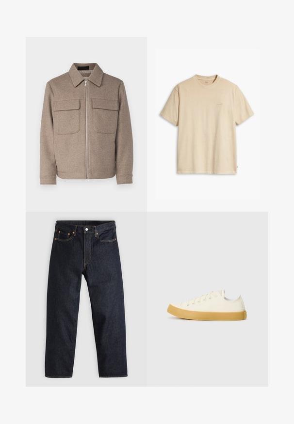 Brun uldjakke med klassisk krave, frontlynlås og to brystlommer. Har et struktureret stof og en tætsiddende silhuet.; Beige bomulds t-shirt med rund hals og korte ærmer. Har et subtilt "Levi's" logo i samme farve på brystet. Blød tekstur.; Mørkeblå denimjeans med lige pasform, fem lommer, kontrasterende orange syning og knaplukning. Ingen synlige mønstre eller udsmykninger.; Læder sneakers i off-white med rund tå, der har beige gummisåler og fem øjer til snørebånd, struktureret finish på overdelen.