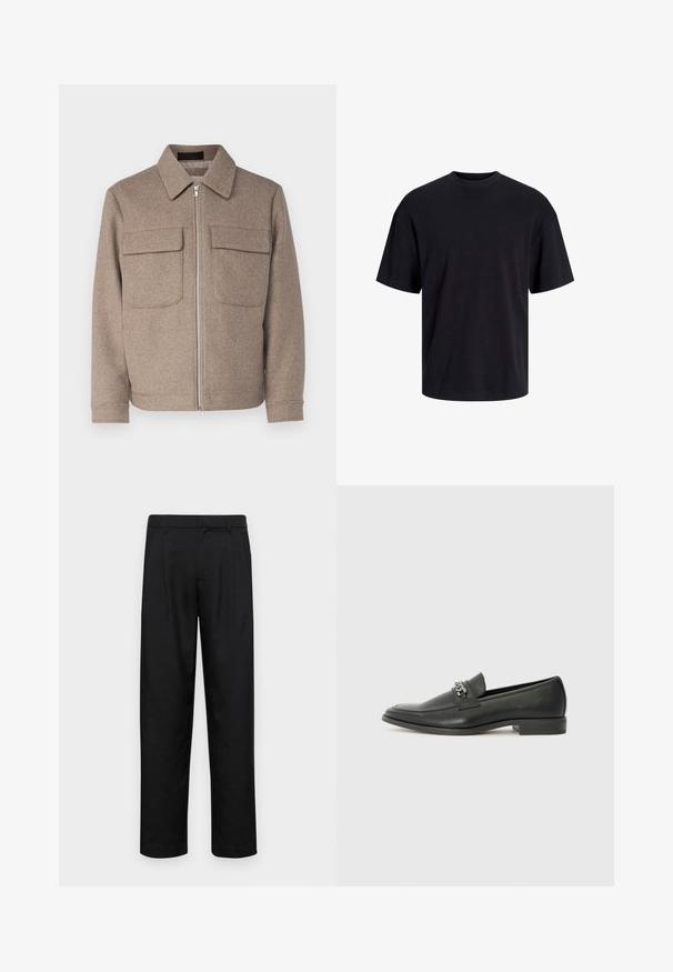 Brown wool jacket with a classic collar, front zipper, and two chest pockets. Features a textured fabric and a fitted silhouette.; Black cotton t-shirt with a crew neckline, short sleeves, and a relaxed fit. Smooth texture and no visible patterns or accents.; Black trousers made of smooth fabric, featuring a straight-leg design, two front pleats, and standard waistband with belt loops.; Black leather loafer with a smooth finish, featuring a stitched design and a decorative metal chain accent across the vamp. Flat heel.