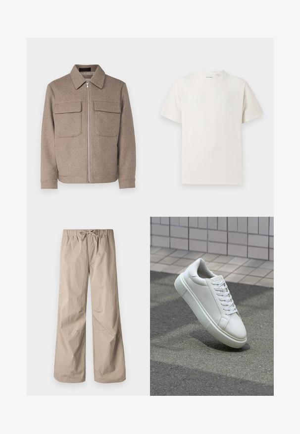 Smeđa vunena jakna s klasičnim ovratnikom, prednjim patentnim zatvaračem i dva džepa na prsima. Ima teksturiranu tkaninu i prilagođen kroj.; Bijela kratka majica s kratkim rukavima u rebrastoj teksturi. Okrugli izrez, ležeran kroj, bez vidljivih uzoraka ili akcenta. Jednostavan i svestran dizajn.; Bež hlače širokih nogavica s elastičnim pojasom i vezicom. Glatka tekstura, dva bočna džepa i minimalni šavovi za opuštenu prilagodbu.; Bijela kožna tenisica s glatkom površinom, okruglim vrhom i ravnim bijelim vezicama. Ima teksturiran gumeni potplat i minimalne dizajnerske elemente.