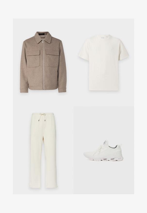 Braune Wolljacke mit klassischem Kragen, Frontreißverschluss und zwei Brusttaschen. Sie verfügt über einen strukturierten Stoff und eine taillierte Silhouette.; Weißes T-Shirt mit kurzen Ärmeln in gerippter Textur. Runder Ausschnitt, lockere Passform, keine sichtbaren Muster oder Akzente. Einfaches und vielseitiges Design.; Ecrufarbene, gerippte Sweatpants mit einem Kordelzugbund, die zwei Seitentaschen und ein gerades Bein-Design aufweisen.; Weiße Sportschuhe mit einem strukturierten Strickobermaterial, flachen Schnürsenkeln und einer gepolsterten Sohle mit sichtbaren Luftkammern für zusätzlichen Halt.