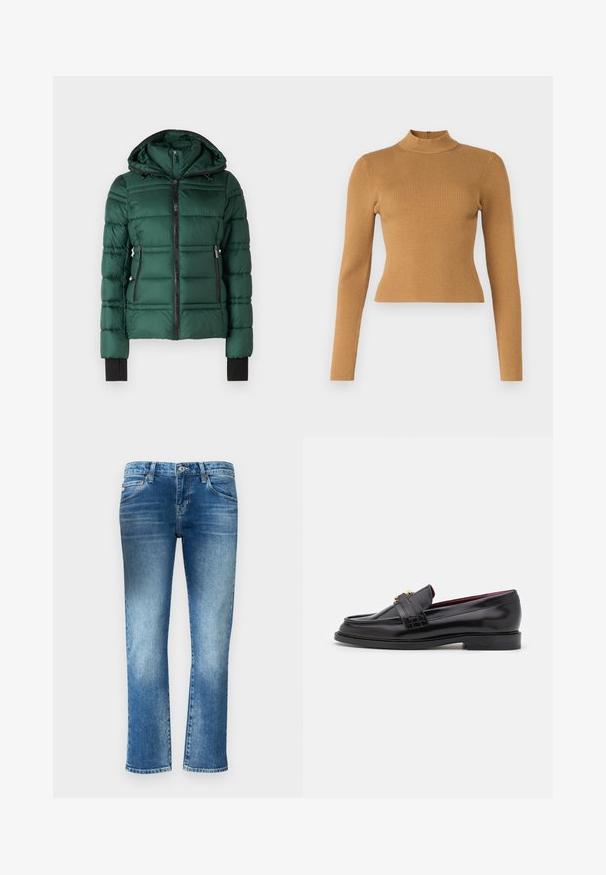 MICHAEL Michael Kors PACKABLE WITH BIB - Chaqueta de invierno - dark emerald; Top de cuello alto acanalado en marrón cálido. Presenta mangas largas, un diseño ajustado y un pequeño cierre en la parte posterior. Textura suave.; Vaqueros de mezclilla azul claro con un diseño de pierna recta, desgastado sutil y una cintura de altura media. Cuenta con cinco bolsillos y pasadores para cinturón.; Mocasines de cuero negro con un patrón de costura, textura suave, detalle de hebilla dorada y puntera redondeada, sobre una suela baja negra.