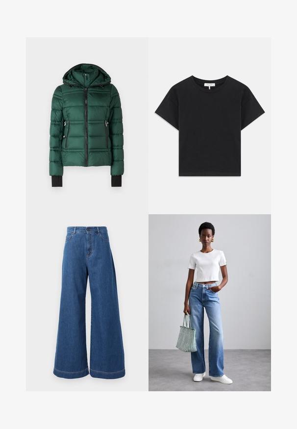 MICHAEL Michael Kors PACKABLE WITH BIB - Zimska jakna - dark emerald; Crna skraćena majica od pamuka, s okruglim izrezom, kratkim rukavima i jednostavnim dizajnom bez uzoraka ili ukrasa.; Široke traperice u srednje plavoj denim boji, s visokim strukom, prednjim džepovima i kontrasnim šavovima duž šavova i rubova.; Bijela rebrasta kratka majica, svijetloplave široke traperice i bijele tenisice. Drži torbu od džearnog platna u zelenoj i bijeloj prugastoj boji.