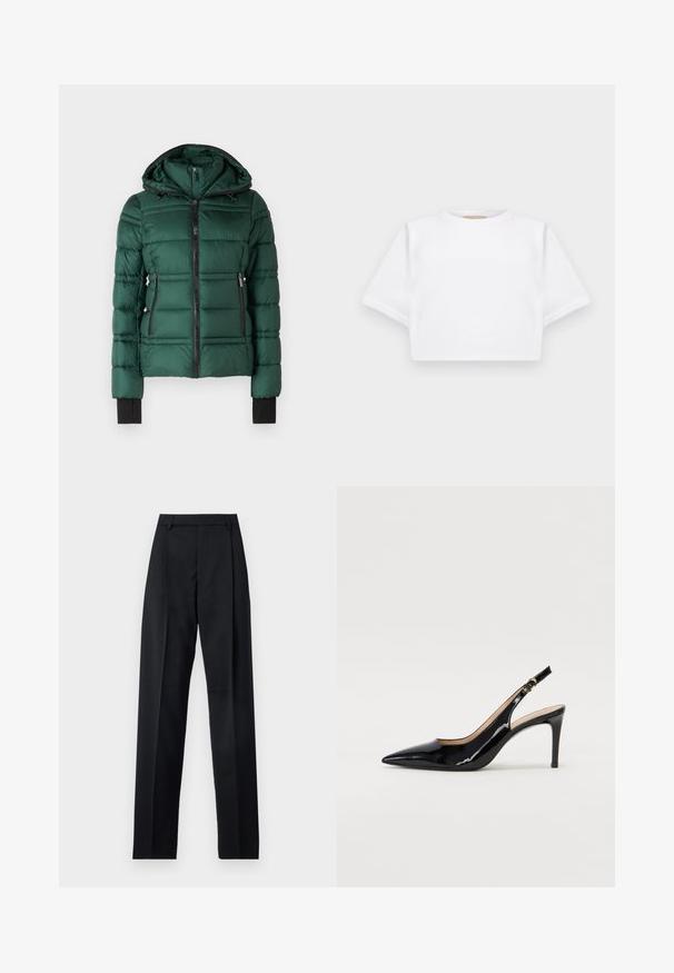 MICHAEL Michael Kors PACKABLE WITH BIB - Giacca invernale - dark emerald; T-shirt bianca cropped realizzata in tessuto morbido, con maniche corte, scollo rotondo e dettagli a costine sull'orlo. Design semplice e senza fronzoli.; Pantaloni neri realizzati in tessuto morbido, caratterizzati da vita alta, gambe larghe, pince frontali e classiche passanti per cintura. Non ci sono tasche laterali visibili.; Pumps slingback in pelle verniciata nera con punta affilata, tacco sottile e un design con ritagli delicati. Caratterizzate da una fibbia dorata sul cinturino.