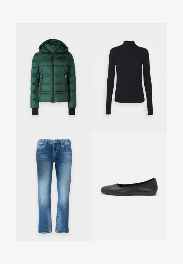MICHAEL Michael Kors PACKABLE WITH BIB - Winterjas - dark emerald; Zwarte langärmelige turtleneck top van soepel stof, met een gerimpelde hals en een aansluitende silhouet met eenvoudige randen.; Lichtblauwe denim jeans met een rechte pasvorm, subtiele vervaging en een medium hoge taille. Beschikt over vijf zakken en riemlussen.; Zwarte leren ballerina met een ronde neus, gladde textuur, minimale stikdetails en een flexibele zoolontwerp.