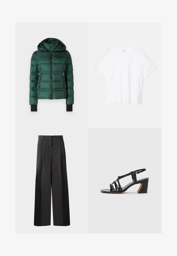 MICHAEL Michael Kors PACKABLE WITH BIB - Vinterjakker - dark emerald; Hvid bomulds-t-shirt med korte ærmer, rund halsudskæring, afslappet pasform og stitched søm. Mærket er synligt indeni halsen.; Sort brede bukser med høj talje, med folder foran, en glat tekstur og en skræddermæssig finish. Designet til en afslappet pasform.; Paul Smith AMIRA - Pumps - black