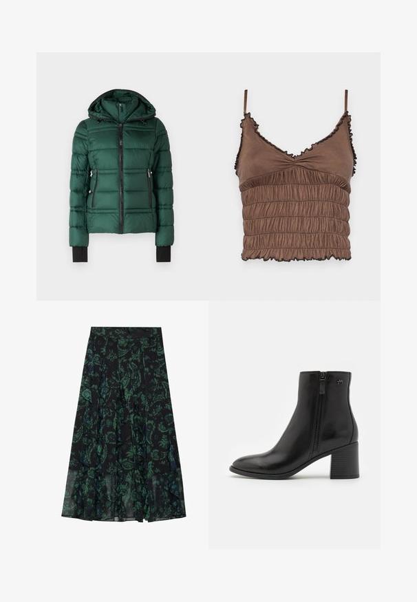 MICHAEL Michael Kors PACKABLE WITH BIB - Winter jacket - dark emerald; Brown cropped top made of soft fabric, featuring a shirred design, adjustable straps, and ruffled edges with black accents.; Black skirt with green floral pattern, featuring ruffled edges and pleats. Made from lightweight fabric, offering a flowing silhouette.; Black ankle boots made of smooth leather with a side zipper. Features a pointed toe and a textured block heel for stability.