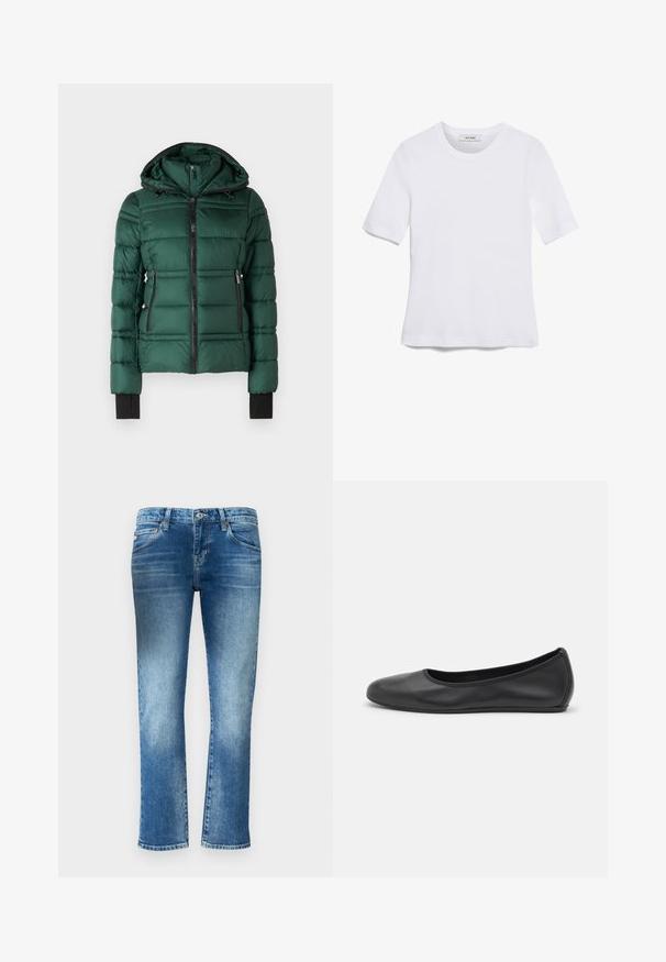MICHAEL Michael Kors PACKABLE WITH BIB - Vinterjakke - dark emerald; Hvit kortermet t-skjorte laget av ribbestrikket materiale. Rund hals, vanlig passform og subtile sømdetaljer. Ingen mønstre eller grafikk.; Lys blå denimjeans med rette ben, subtil fading og medium høyde på livet. Har fem lommer og beltehemper.; Svart skinnballettflatt med rund tå, glatt tekstur, minimal sømdetalj, og et fleksibelt såledesign.