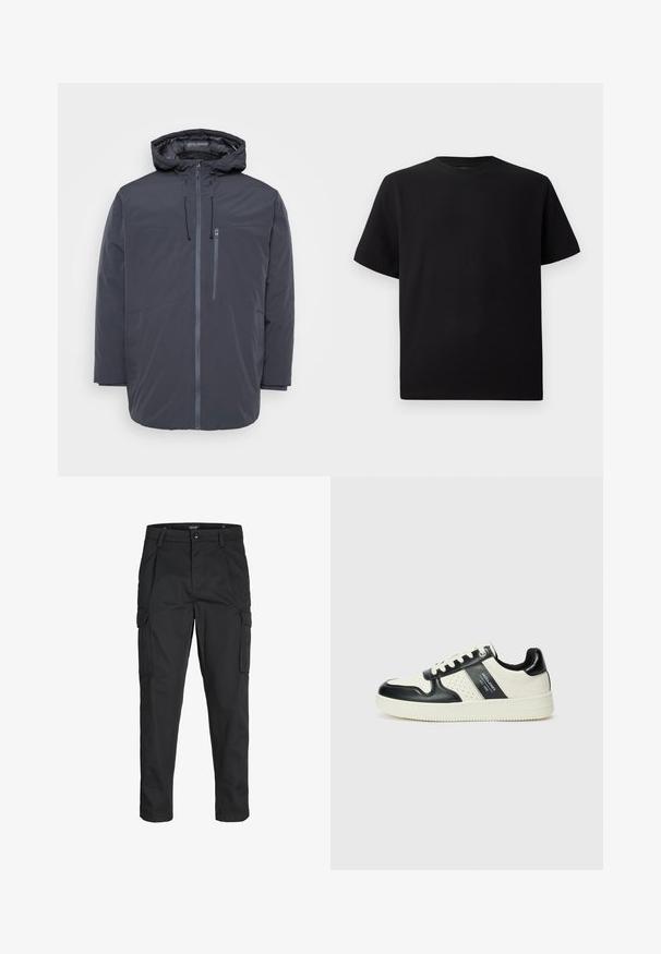 Tumehall soe jakk kapuutsiga, millel on eesne mõlg, rinnatasku. Sile tekstuur ja minimalistlik disain.; Must have lühikeste varrukatega must T-särk, mis on valmistatud tekstuursetest materjalidest, ümmarguse kaelusega ja lõdva lõikega. Lihtne, ilma mustrite või aktsentideta.; Mustad mustapõlvik, mis on valmistatud tugeva koe kasutades, sisaldab mitmeid taskuid, nupule kinnitatav sulgemine ja kitsenev disain.; Nahatud nahkkingad musta ja kreemi värviskeemiga, millel on perforeeritud aktsendid, pehme krae ja tekstureeritud tallad.