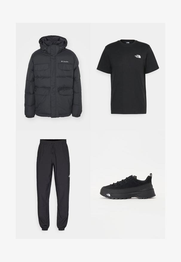 Casaco preto acolchoado com capuz, dois bolsos no peito e bolsos laterais com fecho éclair. Apresenta fecho frontal com zíper e punhos elásticos.; T-shirt de algodão preto com mangas curtas, decote redondo e um pequeno logótipo branco no lado esquerdo do peito. Design simples, textura suave e corte relaxado.; Calças atléticas pretas feitas de tecido leve, com um cós ajustável por cordão, bolsos laterais e punhos afunilados nos tornozelos.; Sapatilha de exterior preta com parte superior em camurça, sola de borracha texturizada e sistema de atacadores robusto. Apresenta um calcanhar reforçado e o logótipo da marca na lateral.