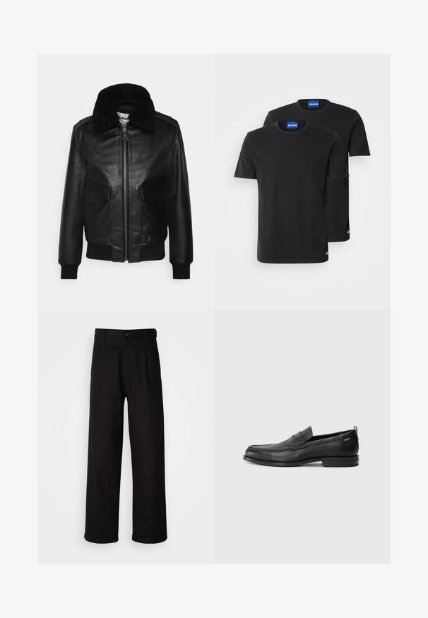 Schott FLY 2-IN-1 - Blusão aviador - black; Duas t-shirts de algodão pretas com golas redondas, mangas curtas e etiquetas azuis "HUGO" nas golas e nas laterais.; Calças pretas feitas de tecido suave, apresentando um design de perna reta, pregas frontais e um fecho com um único botão na cintura.; Mocassins de couro pretos com um painel frontal texturizado e laterais lisas. Apresentam um salto fino e uma alça na parte de trás para fácil colocação. Design clássico.