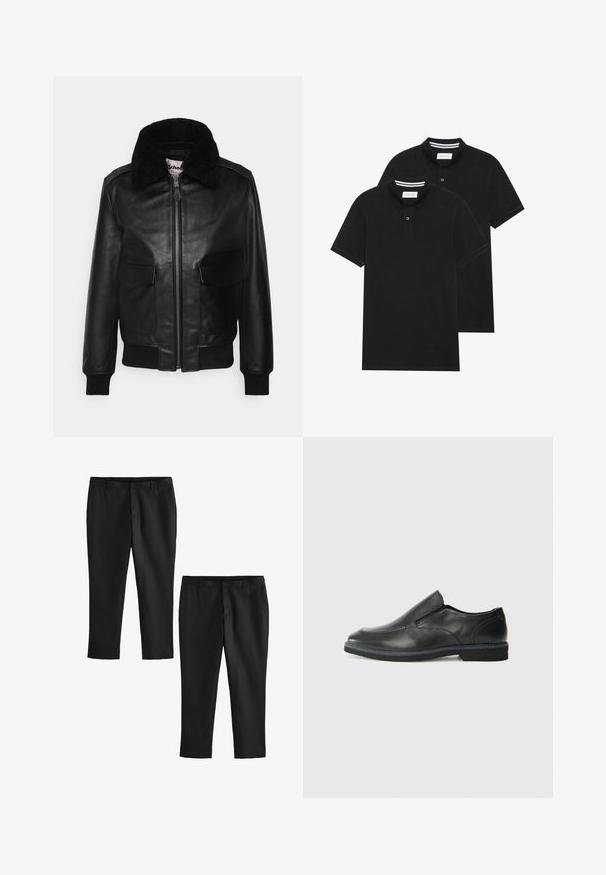 Schott FLY 2-IN-1 - Bomber-jakk - black; Kaks musta polo särki, lühikeste varrukatega, puuvillane materjal, klassikalise kraega, kahe nupuga kinnitusega, valgete triipudega krae sisepinnal.; Mustad mustad püksid siledast materjalist, sirge jala disainiga ja keskmise kõrgusega vöökoht. Näidatud on kaks paari, millest üks on lühendatud.; Must musta laia suuga king, millel on sile ülemine osa, õmmeldud detailid, ümmargune nina ja madal kummist konts. Tallal on minimaalne mustr.