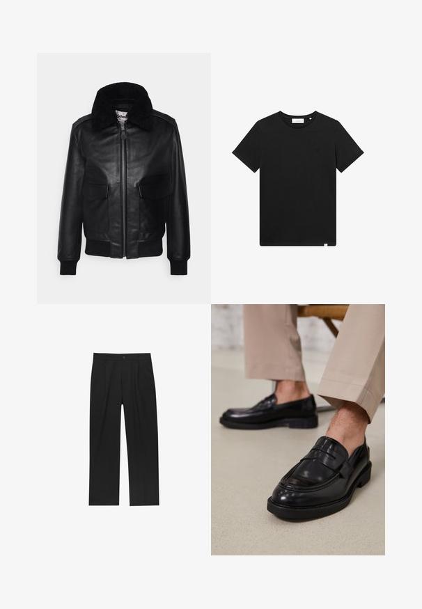 Schott FLY 2-IN-1 - Bomber jakna - black; Črn kratkolasasti T-majica iz bombaža z okroglim izrezom in majhnim logotipom vezenim na prsih. Gladka tekstura, standardna prileganja.; Črne hlače z ravnim krojem, narejene iz gladkega materiala. Imajo sprednje gube in enojno zaponko na pasu.; Črne usnjene loafer čevlje z gladko površino, ki imajo okrasno zaponko in kontrastno šivanje, v kombinaciji s bež hlačami.