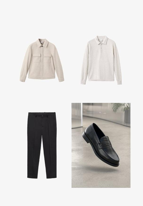 Jachetă bej dintr-un material moale, cu guler în vârf, închidere frontală cu fermoar și două buzunare la piept cu clapete.; Cămașă polo cu mânecă lungă de un gri deschis, cu 3 nasturi, guler și mansete ribbate, confecționată dintr-un material moale cu o textură fină.; Pantaloni negri croituri, dintr-un material neted, având un față plată, bucle pentru curea și buzunare laterale. Design cu picior drept.; Mocasini negri din piele cu textură fină, vârf ascuțit și o curea decorativă peste laba piciorului. Talpă ușoară, design minimalist.