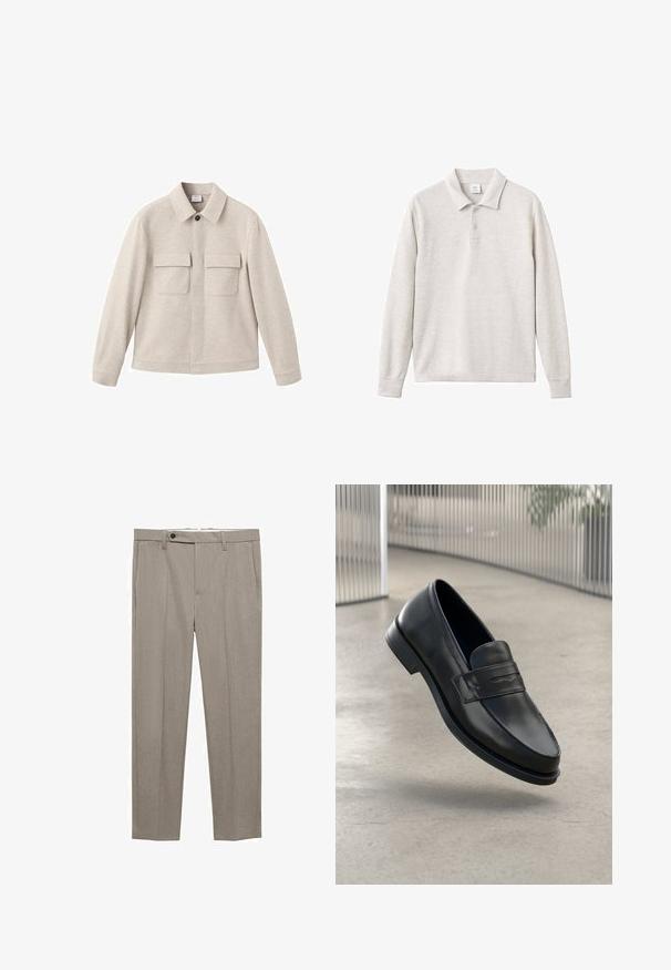 Bežna jakna iz mehkega materiala, z ovratnikom v obliki točke, sprednjim zadrgo in dvema žepoma na prsih s pokrovom.; Svetlo siva polo majica s dugim rukavima, s tri gumba, rebrastim okovratnikom i manžetama, izrađena od mekog materijala s glatkom teksturom.; Bež hlače s prilagojenim krojem in gladko teksturo, ravnega kroja z enim sprednjim gumbom za zapiranje. Imajo stranske žepke in čisto obrobo.; Črni usnjeni loafer z gladko teksturo, zašiljenim prstom in okrasnim trakom čez nart. Lahka podplat, minimalističen dizajn.