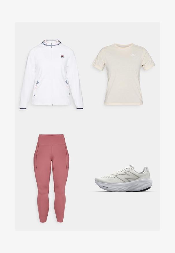 Valkoinen takki, jossa on täyspitkä vetoketju, ja sinisen ja punaisen värinen kuviollinen huppu. Sisältää logon rinnassa ja koristeellista tikkauksia sivuilla.; Vaaleanbeige lyhythihainen t-paita, jossa on pyöreä kaula-aukko ja huomaamaton valkoinen kolmio-logo rinnassa. Pehmeä kangas, jossa on sileä rakenne.; Vaaleanpunaiset legginsit joustavasta kankaasta, joissa on kaksi sivutaskua, korkea vyötärö ja sileät, saumatonta yksityiskohtaa koko matkalta.; Valkoiset urheilukengät, joissa on verkkonauhainen päällinen, pehmustettu kaula, teksturoitu pohja ja "Fresh Foam" -merkintä välipohjassa.