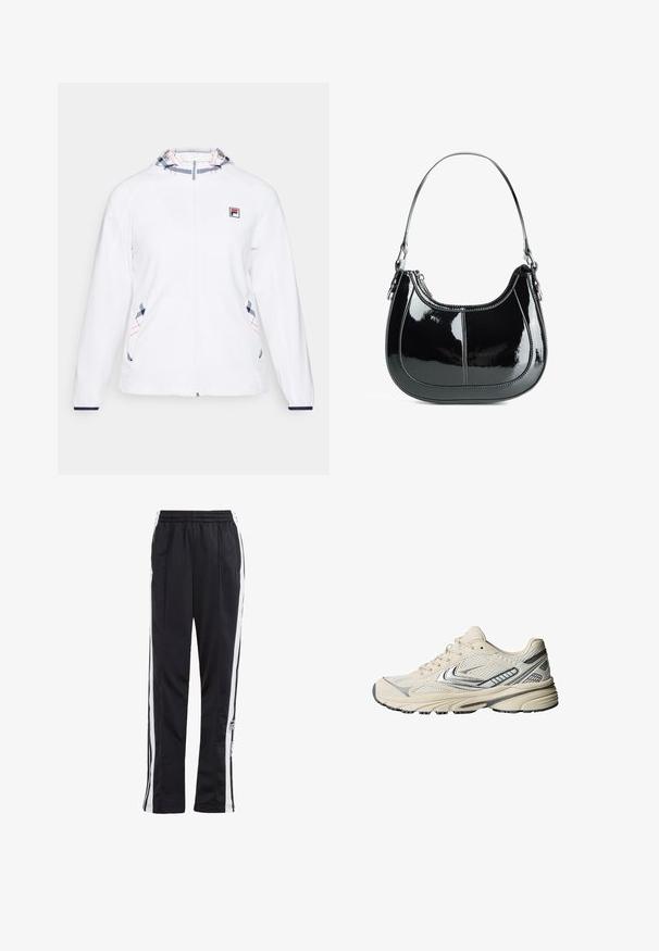 Witte jas met volledige rits, voorzien van een bedrukte capuchon in blauw en rood. Inclusief logo op de borst en decoratieve stiksels aan de zijkanten.; Witte geribbelde tanktop met een ronde halslijn en brede bandjes. Zachte stoftextuur en gestikte randen. Eenvoudig, getailleerd ontwerp.; Zwarte trainingsbroek met witte zijstrepen, elastische tailleband en een logo-patch. Gemaakt van gladde, lichte stof. Ontwerp met rechte broekspijpen.; Roomkleurige sportschoen met een bovenwerk van mesh, zilverkleurige accenten, en een gestructureerde rubberen zool. Ontworpen voor comfort en stabiliteit.; Zwarte gepatineerde leren handtas met een gebogen ontwerp, ritssluiting en een enkele schouderriem met zilverkleurige hardware en stikselaccenten.