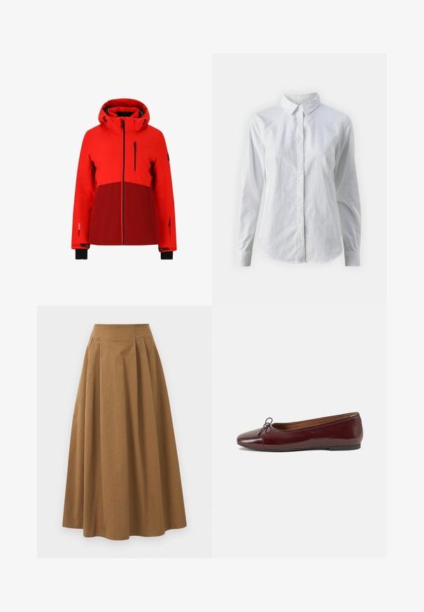 Rode waterdichte jas met capuchon, voorzien van een donkerder rood paneel, zwarte accenten, ritssluitingen en verstelbare manchetten.; Witte overhemd met knopen van glad katoen, met een klassieke kraag, lange mouwen en een afgeronde zoom. De knopen zijn klein en wit.; Bruine katoen A-lijn rok met een hoge taille, voorzien van plooien aan de voorkant en een gladde textuur. De zoomafwerking is schoon en eenvoudig.; Bordeaux gepatenteerd lederen ballerina met een ronde neus, een klein strikaccent aan de voorkant en een lage, zwarte rubberen zool. Glad textuur.