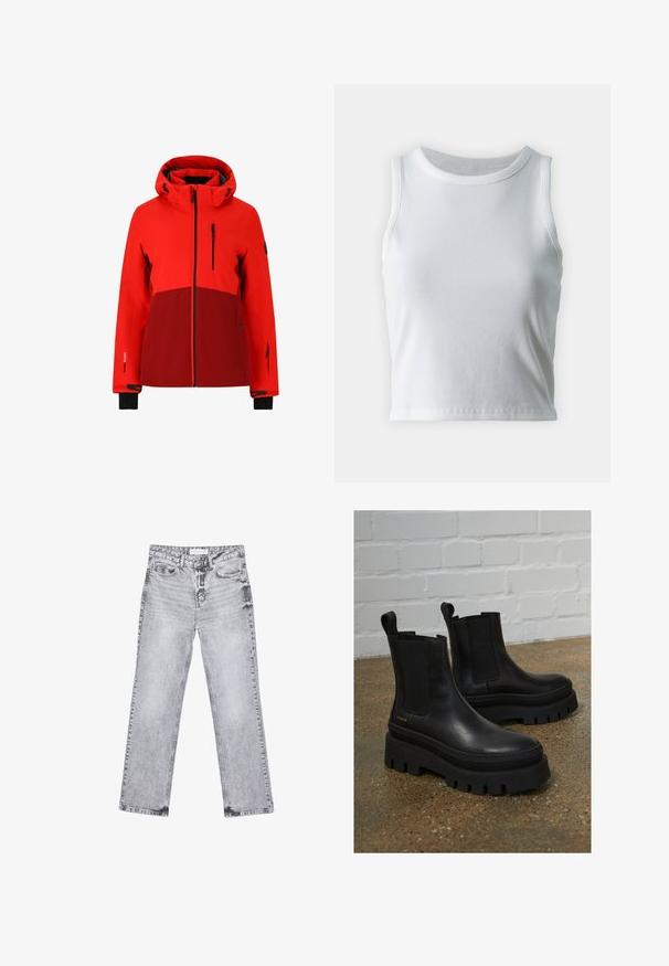 Rød vandtæt jakke med hætte, der har et mørkerødt panel, sorte detaljer, lynlåslommer og justerbare manchetter.; Hvid ribbet tanktop med rund halsudskæring og ærmeløs design, med en lige kant og en glat, strækbar tekstur.; Grå denim jeans med lige ben, distressed detaljer, fem lommer og kobbernitter. Taljebåndet har et logomærke.; Sort læder ankelstøvler med elastiske sidepaneler, tykke sorte platformssåler og syninger, der har en løftesanordning for nem påtagning.