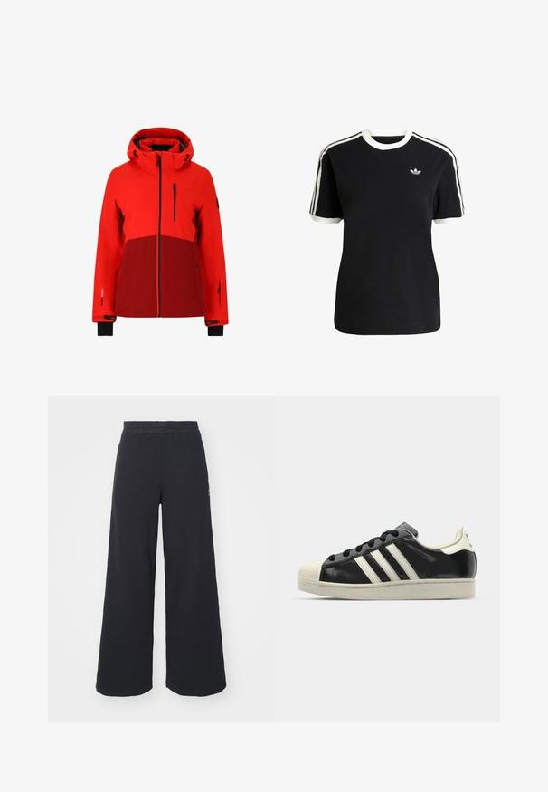 Rode waterdichte jas met capuchon, voorzien van een donkerder rood paneel, zwarte accenten, ritssluitingen en verstelbare manchetten.; Zwarte katoenen t-shirt met witte accenten op de kraag en mouwen, met drie witte strepen op elke schouder en een klein logo op de borst.; Zwarte wijde sweatpants gemaakt van zachte stof, met een elastische tailleband en een klein logo aan de linkerkant.; Zwarte leren sneaker met witte strepen, rubberen teenbescherming, zwarte veters en een crèmekleurige loopzool. Glad oppervlak met een glanzende afwerking.