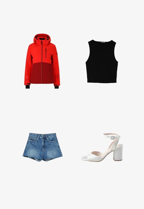 Punainen vedenpitävä takki hupulla, jossa on tummempi punainen paneeli, mustat yksityiskohdat, vetoketjulliset taskut ja säädettävät hihansuut.; Musta hihaton crop-top, joka on valmistettu sileästä kankaasta, jossa on pyöreä kaula-aukko ja siisti, yksinkertainen muotoilu ilman kuvioita tai varusteita.; Farkkushortsit keskipitkässä sinisessä värissä, jossa on repaleiset helmat, viisi taskua, vyölenkit sekä kuparinväriset napit ja niitit.; Valkoiset korkeakorkoiset sandaalit, joissa on kiiltävä satiini päällinen, leveä paksu korko ja nilkkaremmi, jossa on pieni solki. Pintakuvio on sileä ja suunnittelu yksinkertainen.