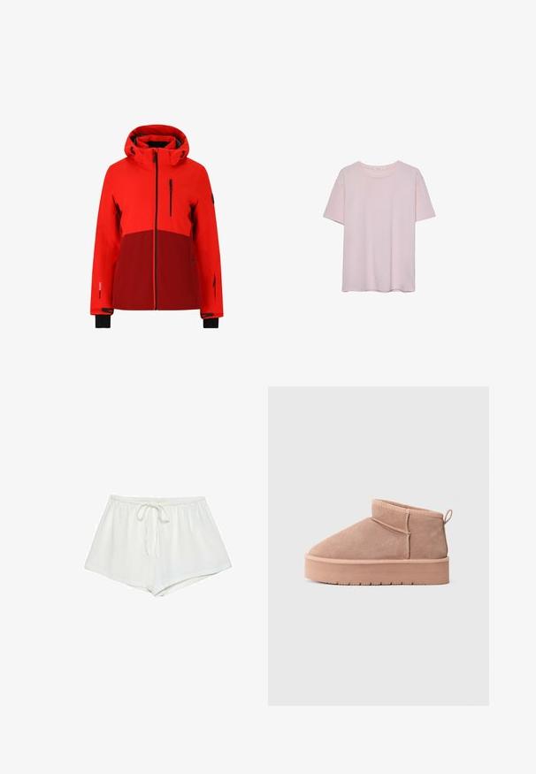 Veste imperméable rouge avec capuche, dotée d'un panneau rouge plus foncé, d'accents noirs, de poches zippées et de poignets ajustables.; T-shirt en coton rose clair avec des manches courtes, un col rond et une coupe décontractée. Texture lisse et design simple, sans motifs ni accents supplémentaires.; Des shorts en coton blancs avec une taille à cordon, une coupe ample et une texture lisse. L'ourlet est droit, sans motifs ou accents supplémentaires.; Botte de cheville en suede beige avec une semelle épaisse, bout rond, languette au talon et des détails de couture visibles.