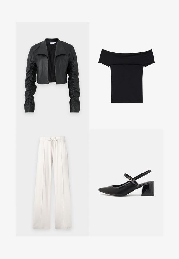 Melnā īsā jaka, izgatavota no gludas ādas. Iezīme plašu apkakli un ručotu piedurkņu dizainu, nodrošinot pieguļošu siluetu un mūsdienīgu stilu.; Melns topiņš bez pleciem, izgatavots no mīksta stiepjama materiāla. Iezīmēts ar īsām piedurknēm un pieguļošu siluetu. Vienkāršs, bezšuvju dizains.; Gai krēmo krāsas sporta bikses, kas izgatavotas no mīksta auduma, ar auklu jostu, platām kājām un vertikālajām šuvēm, ar gludu tekstūru.; Melns patentēts ādas sandales ar norādīta pirksta formu, noapaļotu izgriezuma dizainu un bloķētu papēdi. Iezīmēta ar zelta toņa sprādzi.