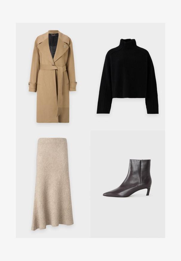 Tannist villasegu trench-kate, millel on sakilised kraed, vööga talje ja nööbiga mansetid. Omab quiltitud musta sisepinda ja logo detaili.; Mustritud must knit-sviiter kõrge kaelusega ja lühendatud disainiga, millel on pikad varrukad ja tekstuuriga viimistlus.; Knee-pikkus, A-line seelik pehmest beežist materjalist, millel on tekstuurne pind ja nähtamatud kinnitused või mustrid.; Must musta kaljam boots, terava varvas ja madal kitten kont, sile pind, külg-edasi tõmbetõmbe, esitatud neutraalses taustas.