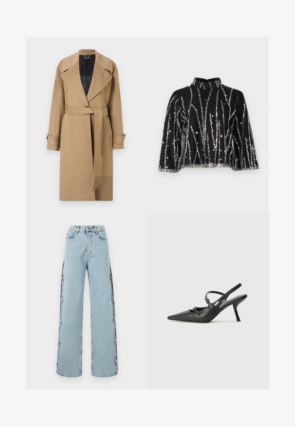Trench coat in misto lana color tortora con colletto a punte, vita con cintura e polsini con bottoni. Presenta un interno trapuntato nero e un dettaglio con logo.; Top corto nero con collo alto, caratterizzato da linee verticali in paillettes argentate, maniche trasparenti e tessuto testurizzato.; Jeans ampi in denim blu chiaro con dettagli di bottoni laterali e vita alta, dotati di un classico design a cinque tasche e cuciture a vista.; Scarpe slingback nere in pelle con punta affilata, tacco sottile e dettaglio decorativo a fibbia sulla tomaia. Texture liscia e design elegante.