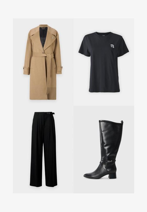 Kamelullblandad trenchcoat med urtagna krage, bälte i midjan och knäppte manschetter. Har en vadderad svart inredning och en logodetalj.; Svart bomulls-T-shirt med kort ärm och rund halsringning. Har en liten, vit grafik på bröstet. Slät textur, avslappnad passform.; Svarta byxor med vida ben och hög midja, med veck framtill och ett bälte med spänne. Tillverkade av ett mjukt, lätt tyg.; Svarta läderstövlar i knähöjd med spetsig tå, klack i blockdesign och ett dekorativt band med en silverlogotyp nära ankeln. Slät textur.