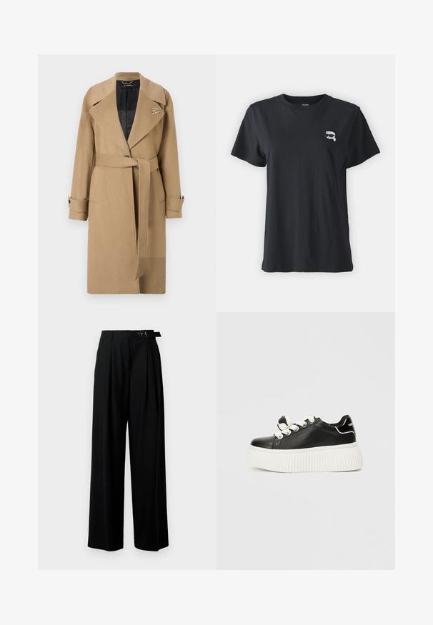 Palton din lână bej cu guler ciupit, talie îndesată și mansete cu nasturi. Prezintă un interior quilted negru și un detaliu cu logo.; Tricou din bumbac negru, cu mâneci scurte și decolteu rotund. Are un grafic mic, alb, pe piept. Textură netedă, croi lejer.; Pantaloni negri cu croi larg, talie înaltă, pliuri în față și un b μέρος cu cataramă. Confecționați dintr-un material neted și ușor.; Sneakers negre din piele cu o talpă groasă albă cu caneluri, având șireturi albe și un accent decorativ sub formă de fundiță pe limbă.