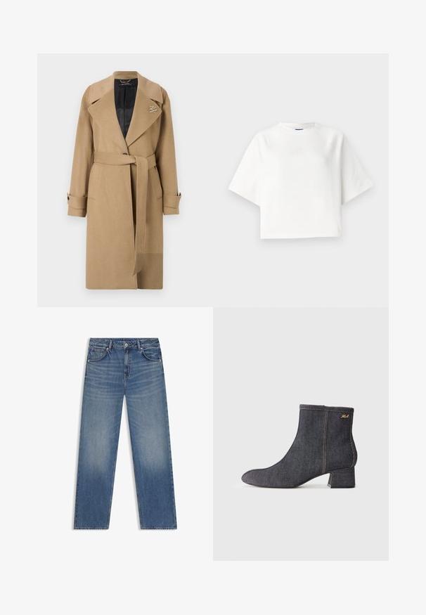 Brūns vilnas maisījuma mantiņa ar izgriezto apkakli, jostotu vidukli un pogātām aprocēm. Iekšpusē ir kviltēta melna oderes daļa un logotipa elements.; Balts pārāk liels t-krekls ar īsām raglanu piedurknēm, izgatavots no mīksta auduma. Iezīmēts ar smalku logotipu uz krūts un apaļu kakla izgriezumu.; Gaiši zili denim šorti ar taisnu piegriezumu, piecām kabatām un nelielu nodilumu. Aprīkot ar standarta jostu un kontrastējošiem izšuvumiem.; Tumši denima potītes zābaki ar norādītu pirkstu, bloku papēdi, redzamām šuvēm un subtilu zīmola logo sānos. Gluda tekstūra.