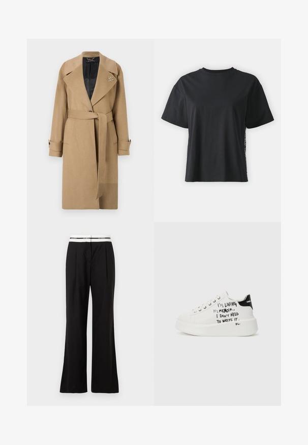 Bledo zložen plašč iz volne s katerim se lahko prilega, ima zarezan ovratnik, pas z naramnicami in gumbaste manšete. V notranjosti je obložen z črnim materialom in vsebuje detajl z logotipom.; Črna bombažna majica s kratkimi rokavi, sproščenega kroja z kontrastnim stranskim panelom, ki vsebuje majhne besedilne in oblikovne podrobnosti.; Črne hlače sproščenega kroja z belim elastičnim pasom z blagovno znamko. Narejene iz gladkega materiala z rahlim sijajem.; Bela platforma športna obutev z črnimi detajli, ki ima teksturiran podplat in ročno napisano besedilo ob straneh. Gladek usnjeni material.