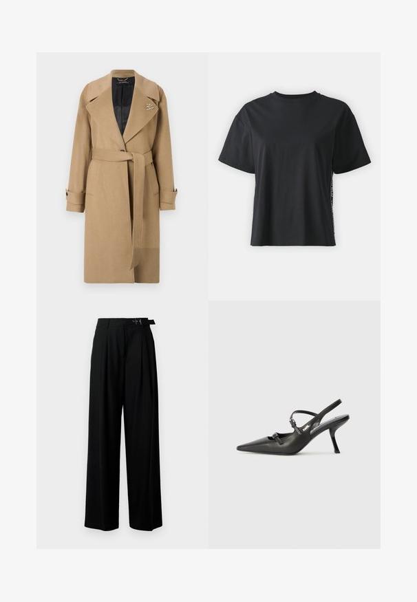 Tan vlněný trench coat se záševkovým límcem, páskem v pase a knoflíkovými manžetami. Obsahuje prošívaný černý interiér a detail loga.; Černé triko s krátkým rukávem, vyrobené z bavlny, s volným střihem a kontrastním bočním panelem, který obsahuje malý text a designové detaily.; Černé široké kalhoty s vysokým pasem, záhyby vpředu a páskem s přezkou. Vyrobené z hladké, lehké tkaniny.; Černé kožené lodičky na boku s špičatou špičkou, štíhlým podpatkem a dekorativní přezkou na nártu. Hladká textura a elegantní design.